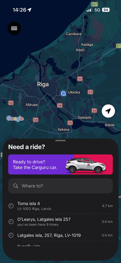 The GURU app home screen with a "Where to?" search field