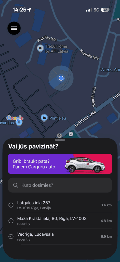 GURU lietotnes sākuma ekrāns ar lauku «Kurp dosimies?»