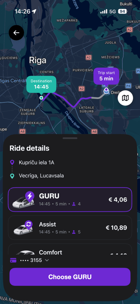 Ride details with a fixed price for each class