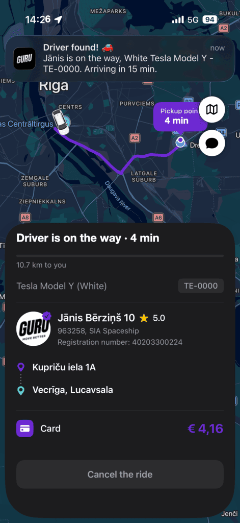 The assigned driver already on the way to you